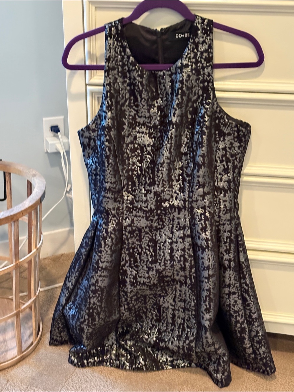 DO+BE Black and Silver Metallic Patterned Sleeveless Fit & Flare Dress